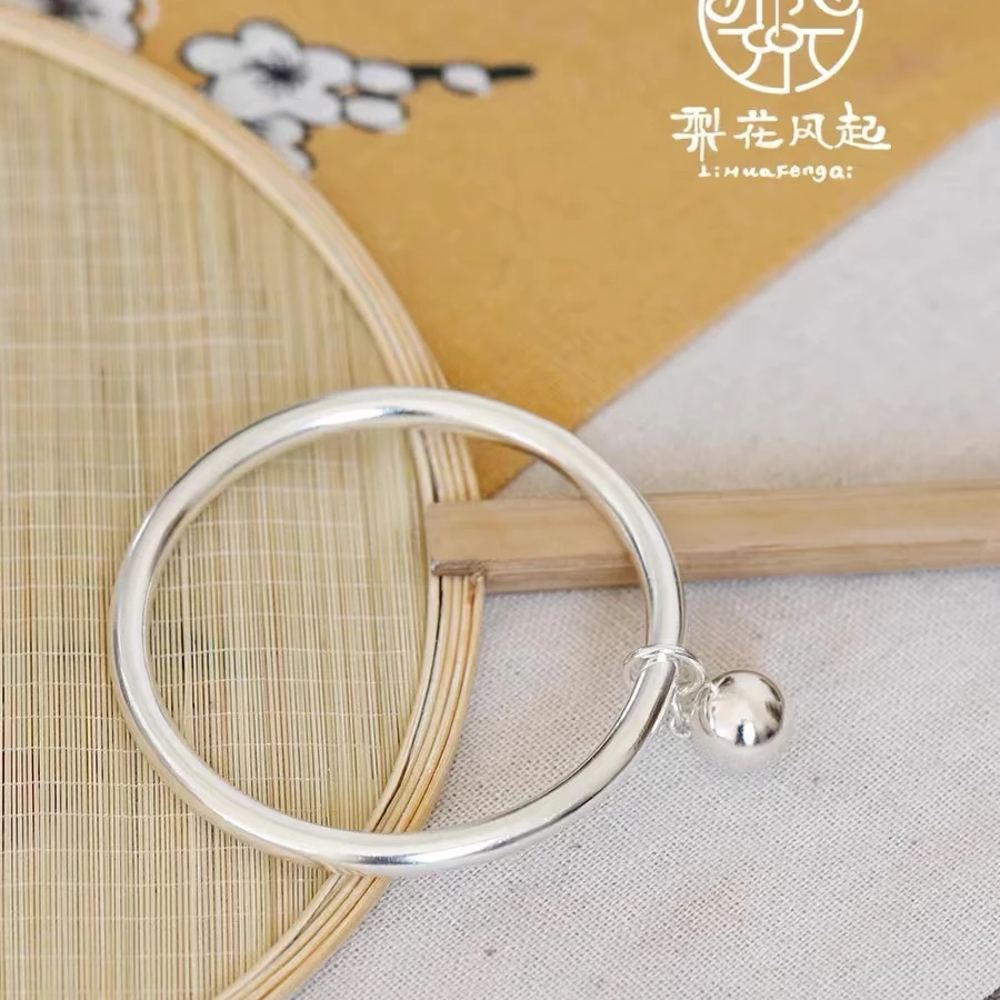 鹿怡 足银手镯 足银999.9实心圆球时尚吊坠铃铛经典百搭手镯