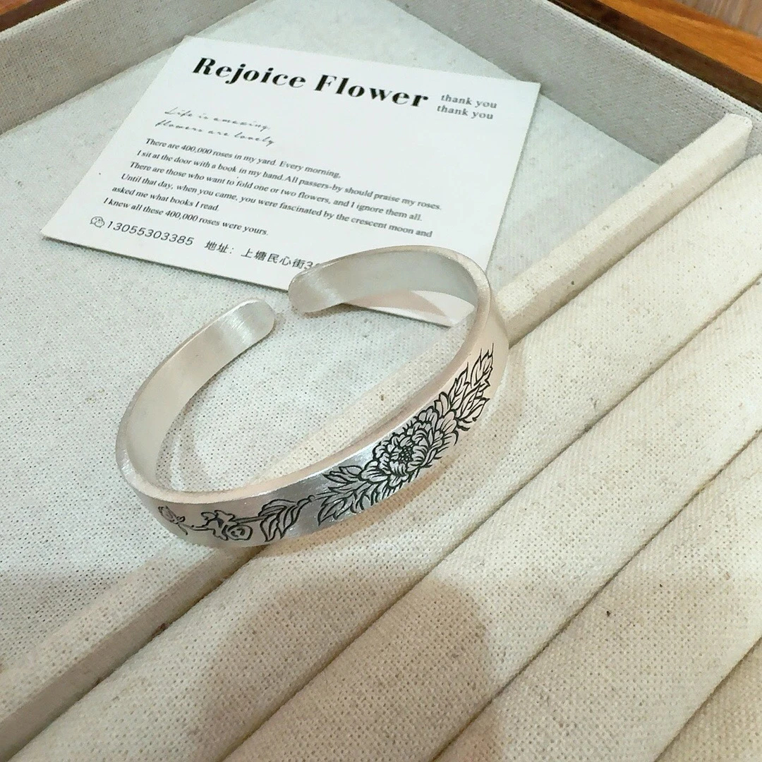 鹿怡 足银手镯 30克足银999.9牡丹花开口古法福字方镯实心银镯女