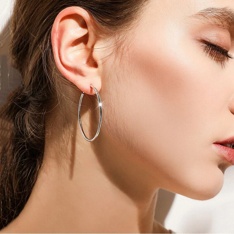 鹿怡 足银耳饰 足银999圆形光面大耳圈时尚韩版银耳环个性夸张