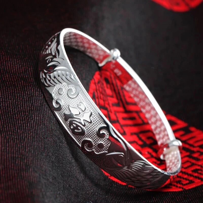 鹿怡 足银手镯 35/45/60g999.9龙凤福手镯宽面母亲节送光面中老年