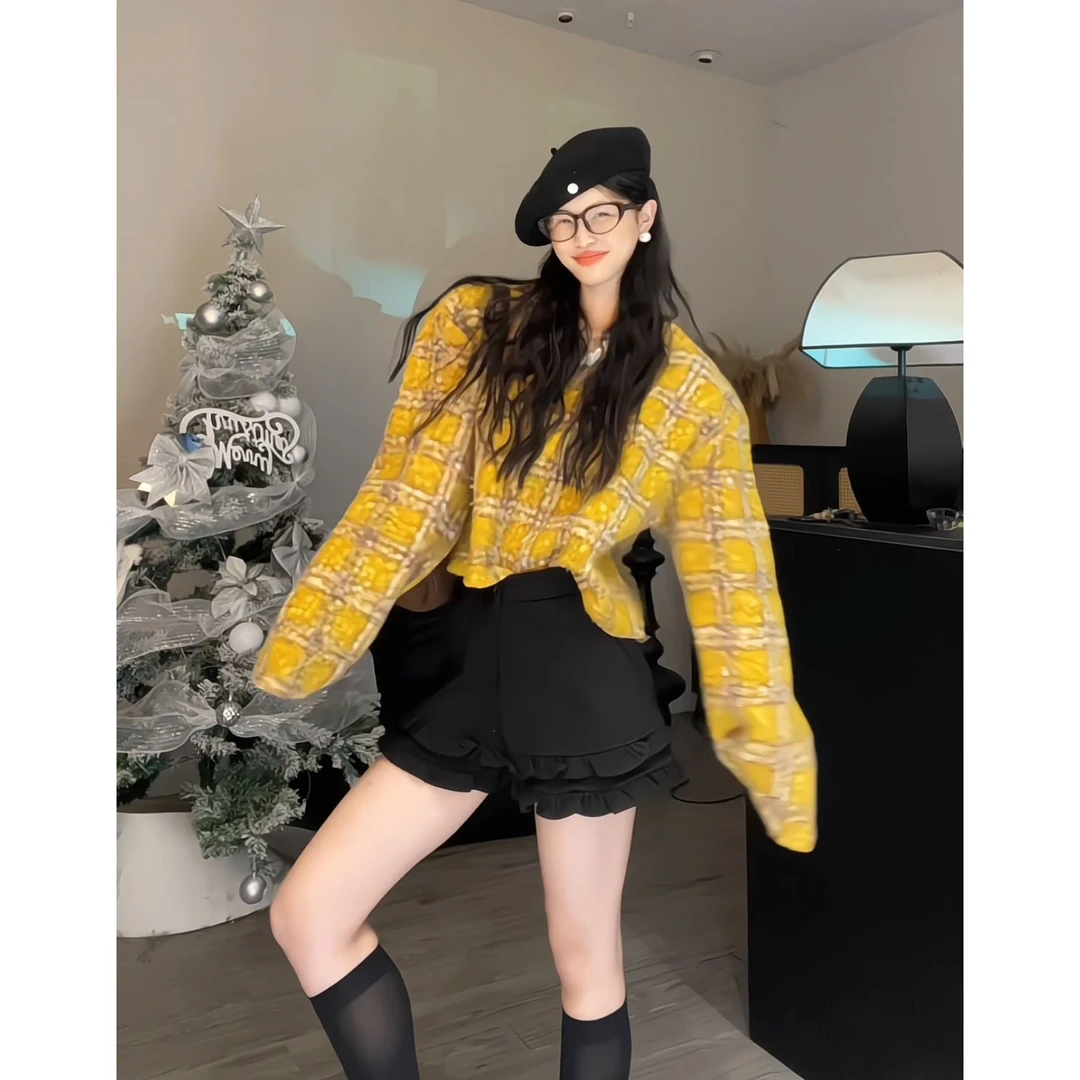 【土豆优选】英伦风黄色格纹v领上衣