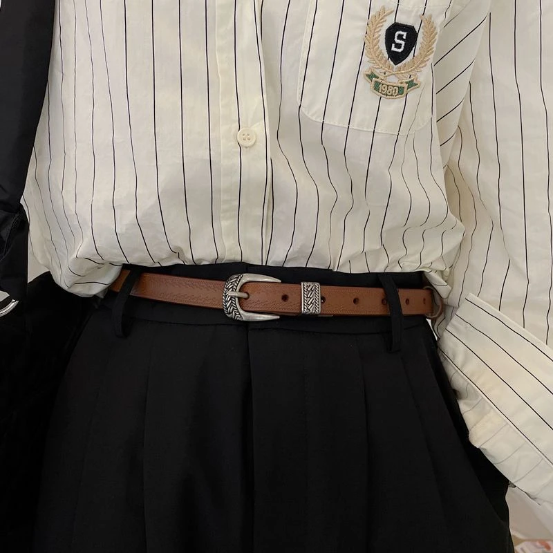印花设计潮流休闲真皮腰带复古百搭裙带时尚柔软高级感黑色韩版