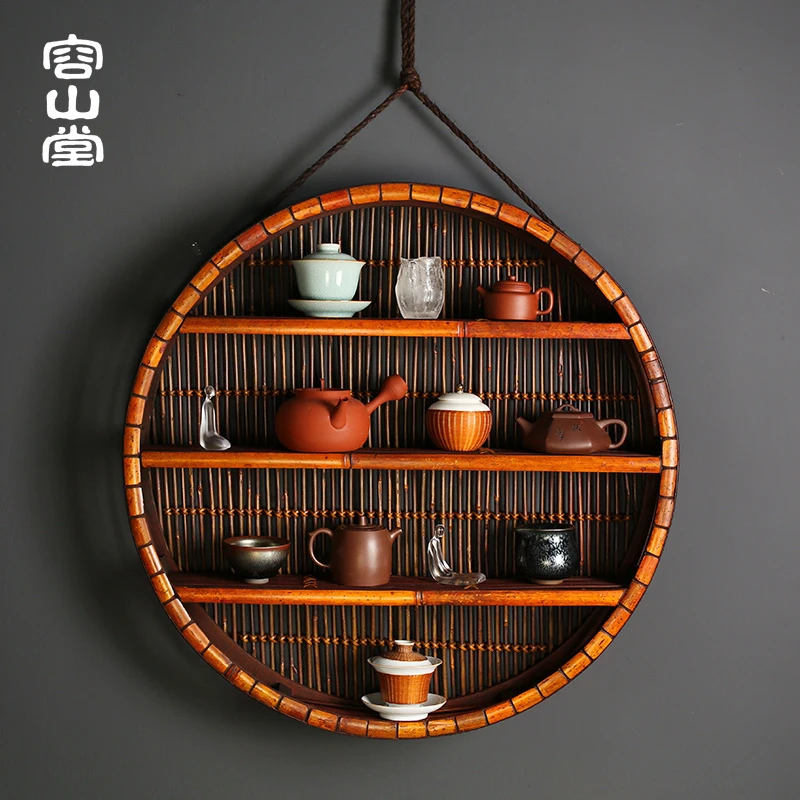 容山堂茶具竹制壁挂式博古架多宝阁挂墙中式置物架茶壶收纳展示架