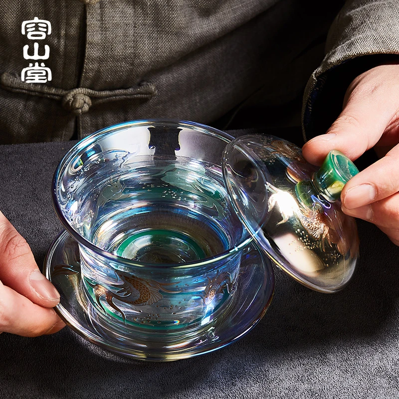 容山堂焕彩金银烧玻璃三才盖碗耐热透明加厚茶碗泡功夫茶杯