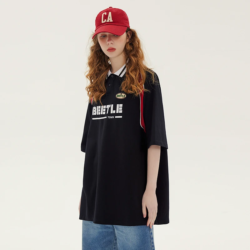 BEETLE TOWN 字母短袖T恤女夏季美式复古街头潮牌宽松Polo衫上衣
