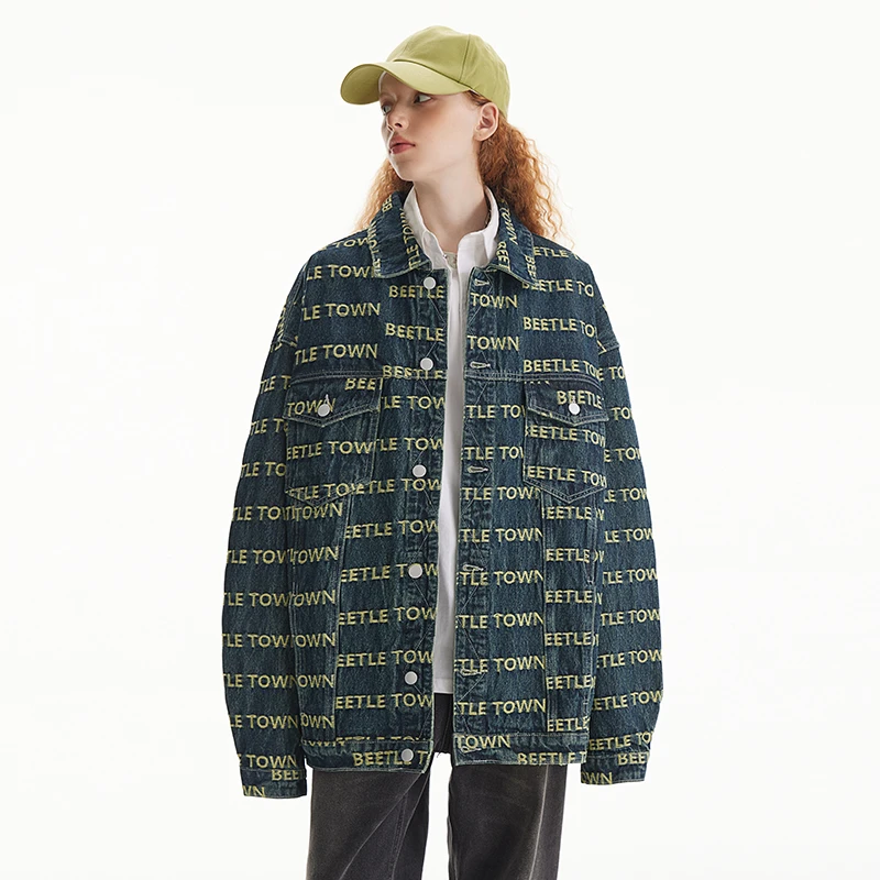 BEETLE TOWN 满印字母刺绣牛仔外套女秋季美式复古宽松休闲夹克