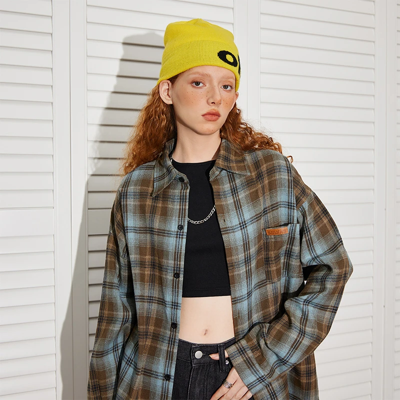 BEETLE TOWN美式复古格子长袖衬衫女夏慵懒街头衬衣情侣薄外套潮