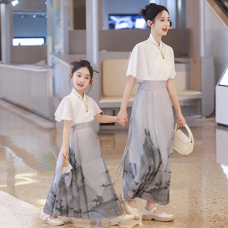 马面裙亲子装母女夏款女童套装高端汉服2023儿童中国风连衣裙超仙