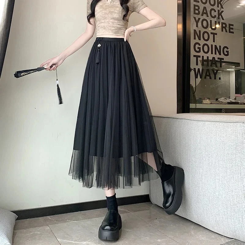 新中式国风长款网纱半身裙女2024夏新款设计感高腰显瘦百搭仙女裙
