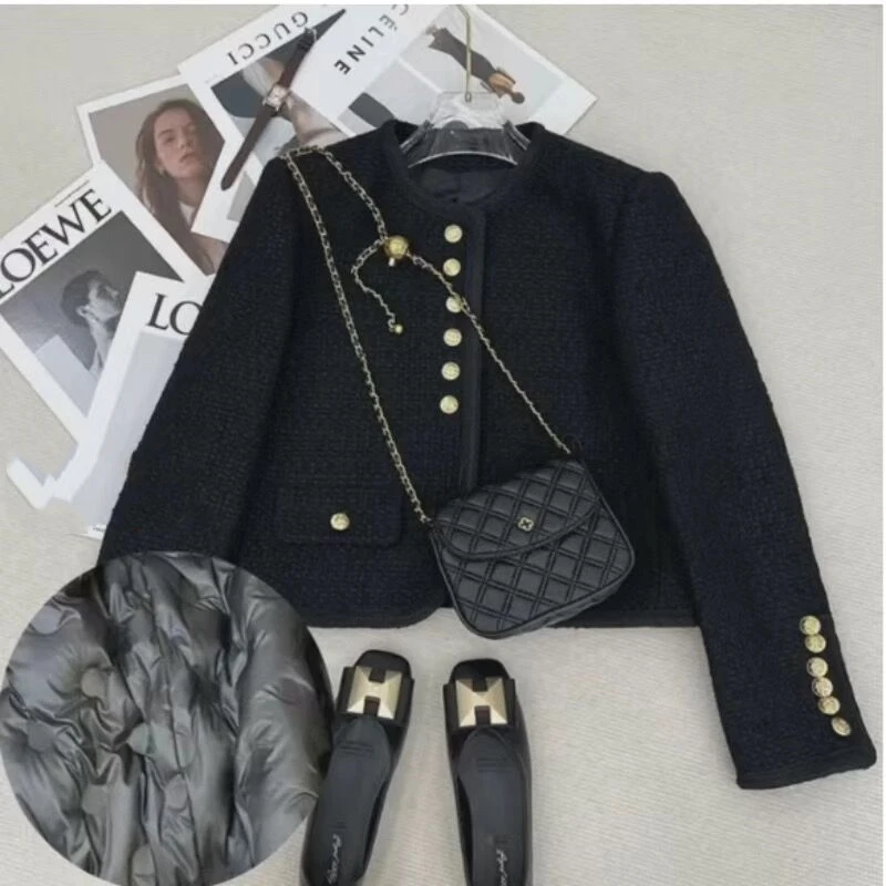 充绒内胆2023秋冬新款财阀黑金法式黑金粗花呢料外套小香风女短款