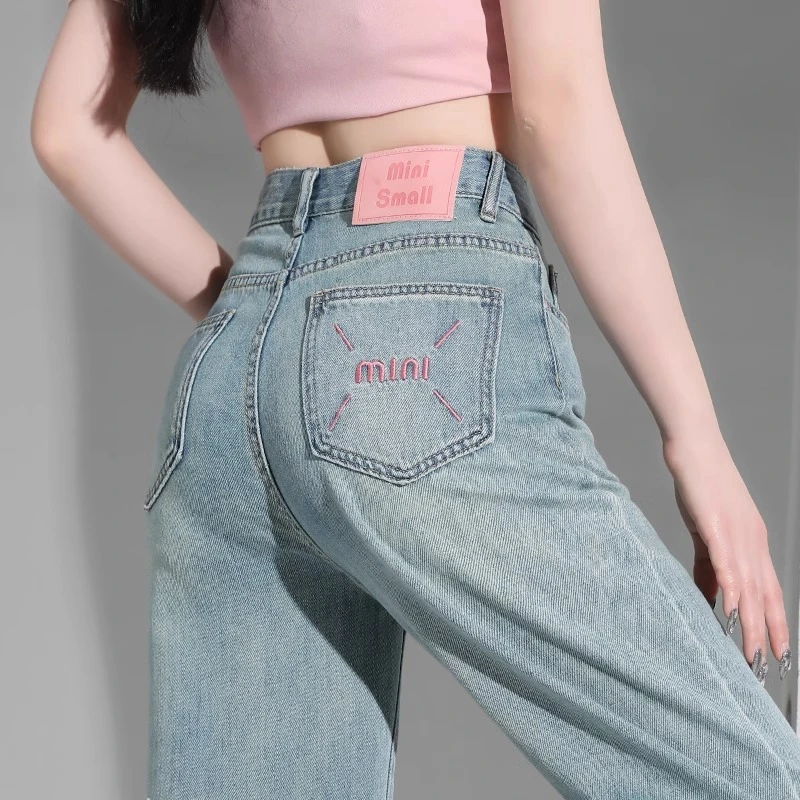 浅蓝窄版阔腿牛仔裤女2024秋季新款高腰粉皮牌韩系百搭直筒长裤