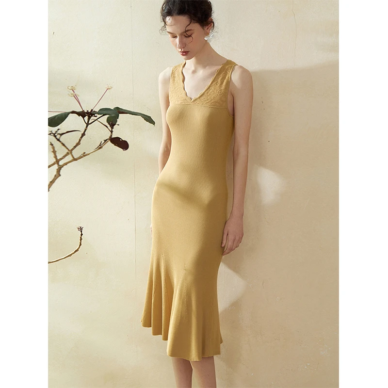 断码折扣 ｜棕调NO.31 修身无袖v领显瘦中长鱼尾裙MSBIQ0232