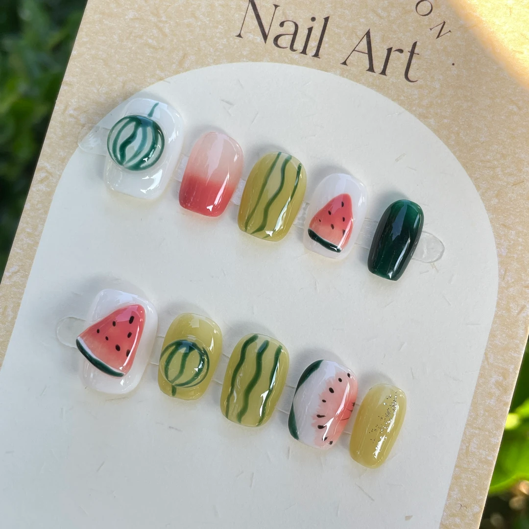 【仲夏之暮】纯手工穿戴甲手捏西瓜立体手绘夏季显白原创新款#147