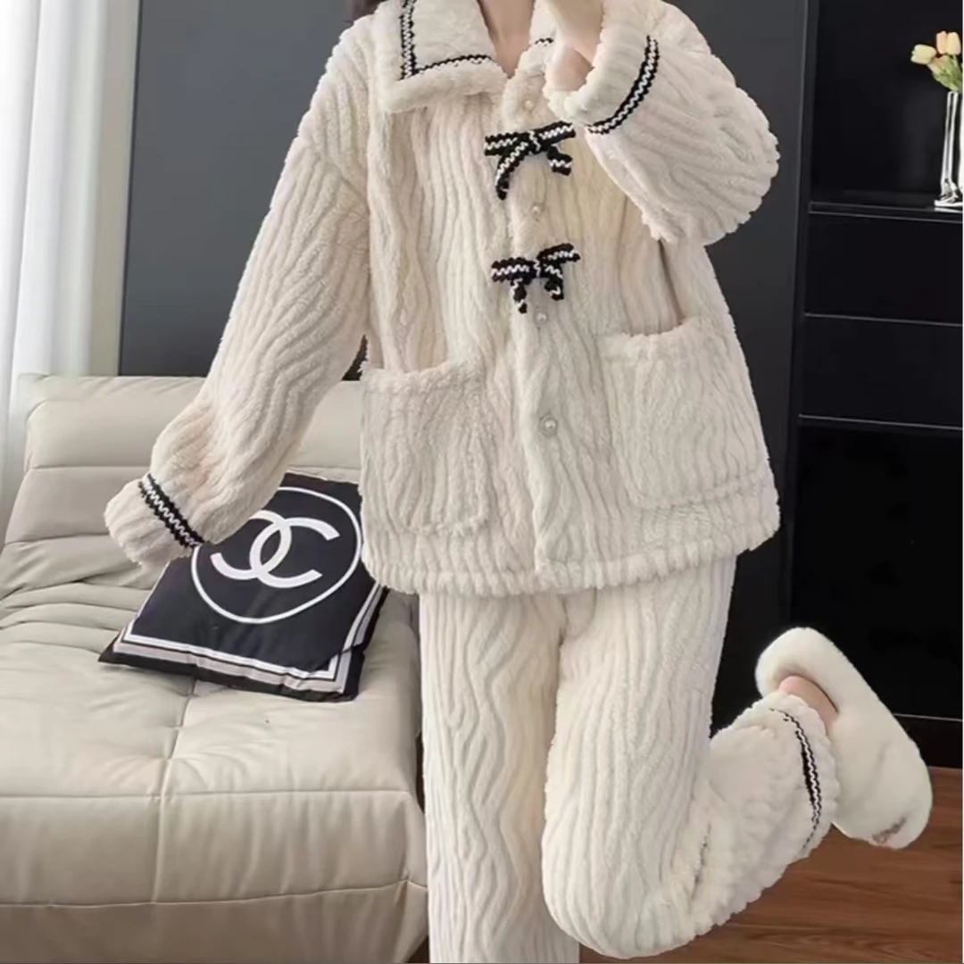 冬季新款甜美蝴蝶结家居服套装睡衣