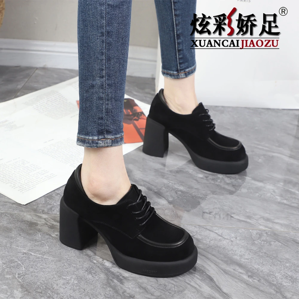 高跟鞋女2025新款春秋百搭女鞋真皮鞋粗跟防水台系带职业工作单鞋