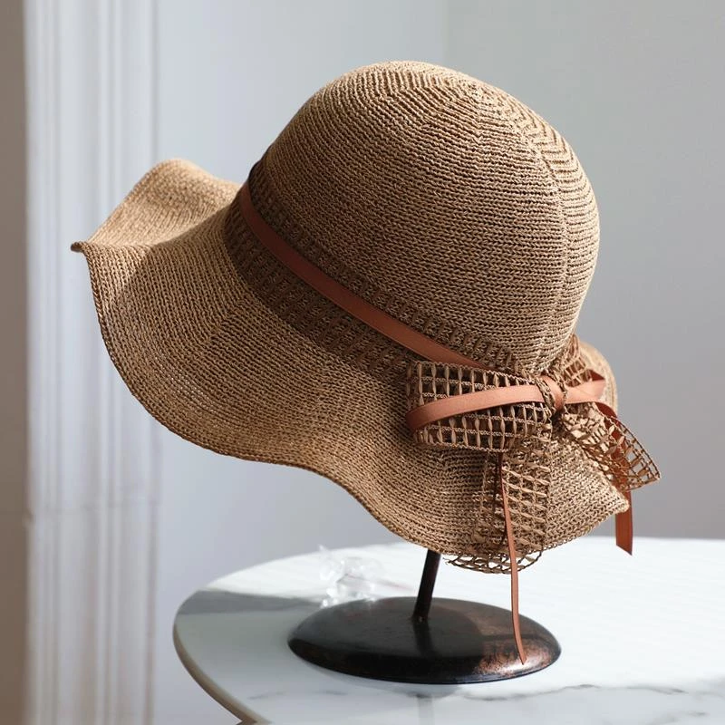 巴宝登波浪边遮阳帽女士夏天防晒太阳帽荷叶边韩版春夏蝴蝶结渔夫