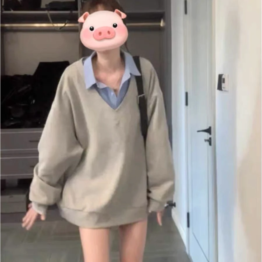 【夏日终章】拼接假两件卫衣女套头秋季休闲宽松上衣