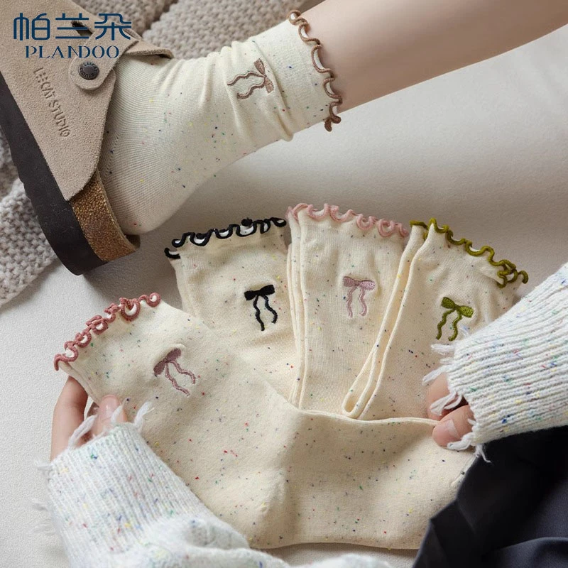 袜子女春夏季堆堆袜刺绣蝴蝶结日系可爱木耳边中筒袜月子袜长袜