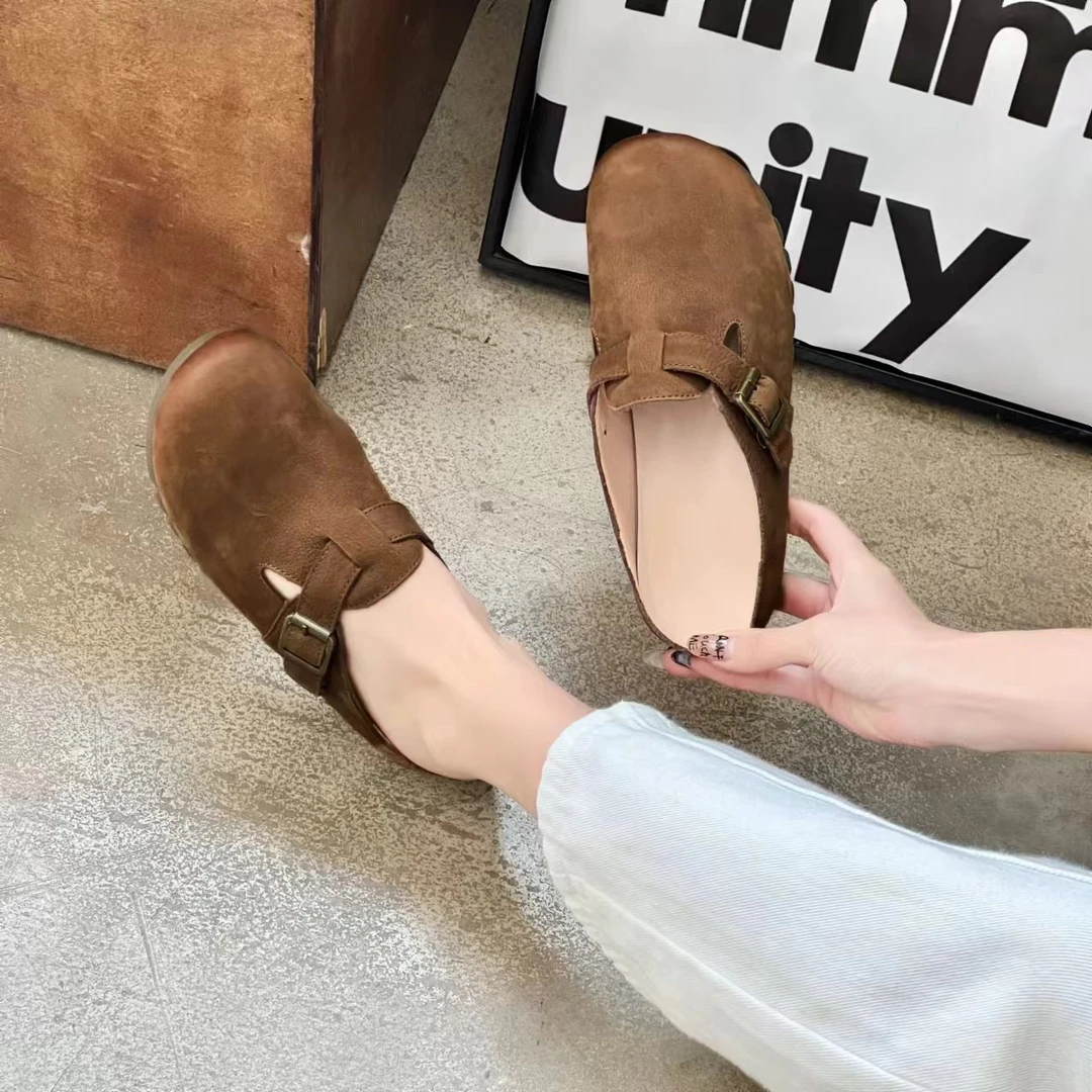 2024款时尚平底舒适纯牛皮勃肯包头拖防滑软低软面懒人半拖88886