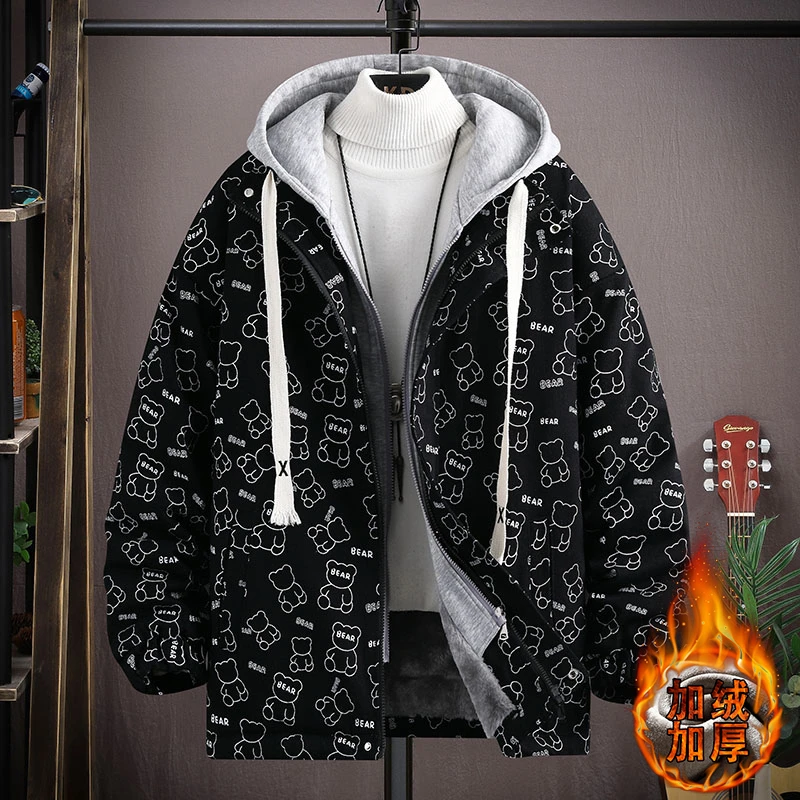 青少年棉衣男生12-18岁假两件棉袄加绒加厚初中高中学生牛仔外套