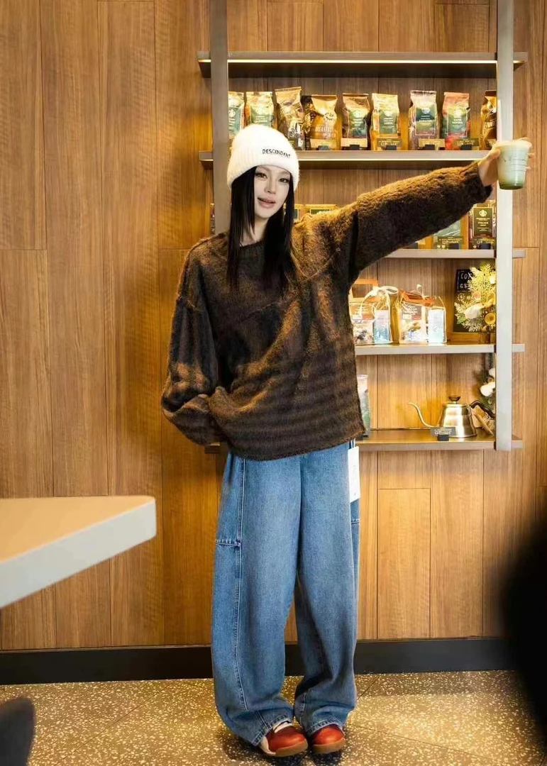 欧洲站和家he2024秋冬新品小众美式复古甜酷撞色条纹套头羊毛毛衣