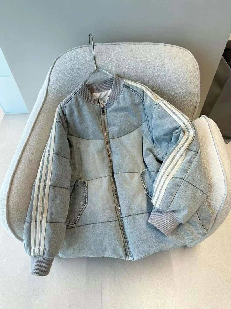 欧洲站2024年冬季新款猫头鹰cicicoco复古气质立领鹅绒牛仔羽绒服