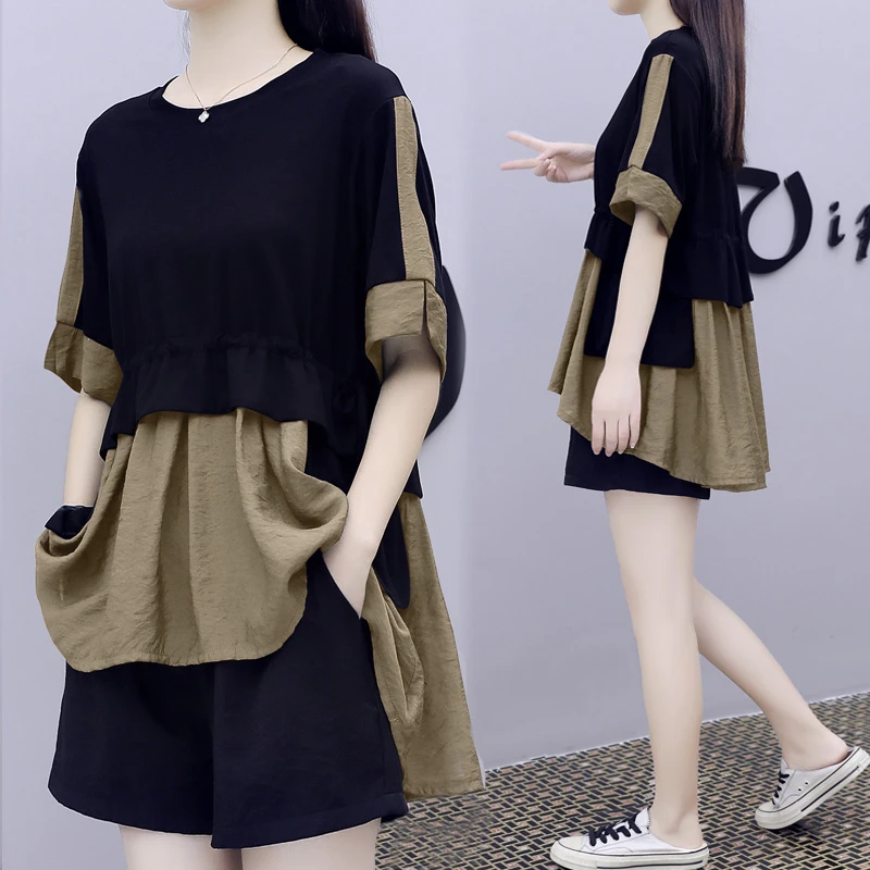 高级感拼接短裤套装高端爆款微胖大码显瘦女装时尚洋气夏季两件套