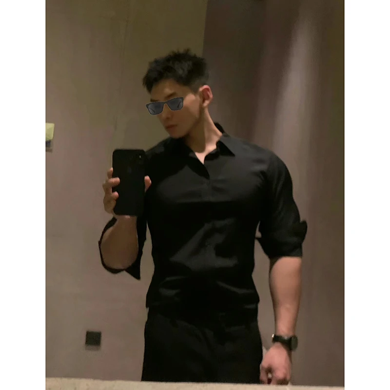 长袖健身衬衫运动肌肉男秋冬季英伦商务潮牌弹力修身黑色衬衣男士