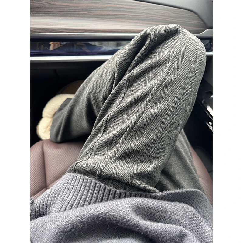 深灰色人字纹加绒糯米裤男款款冬季潮牌垂感慵懒宽松直筒裤保暖裤