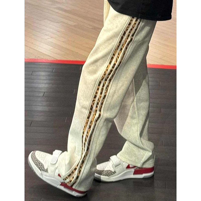 美式复古迷彩条纹裤子男秋冬重磅豹纹加绒卫裤宽松直筒阔腿休闲裤