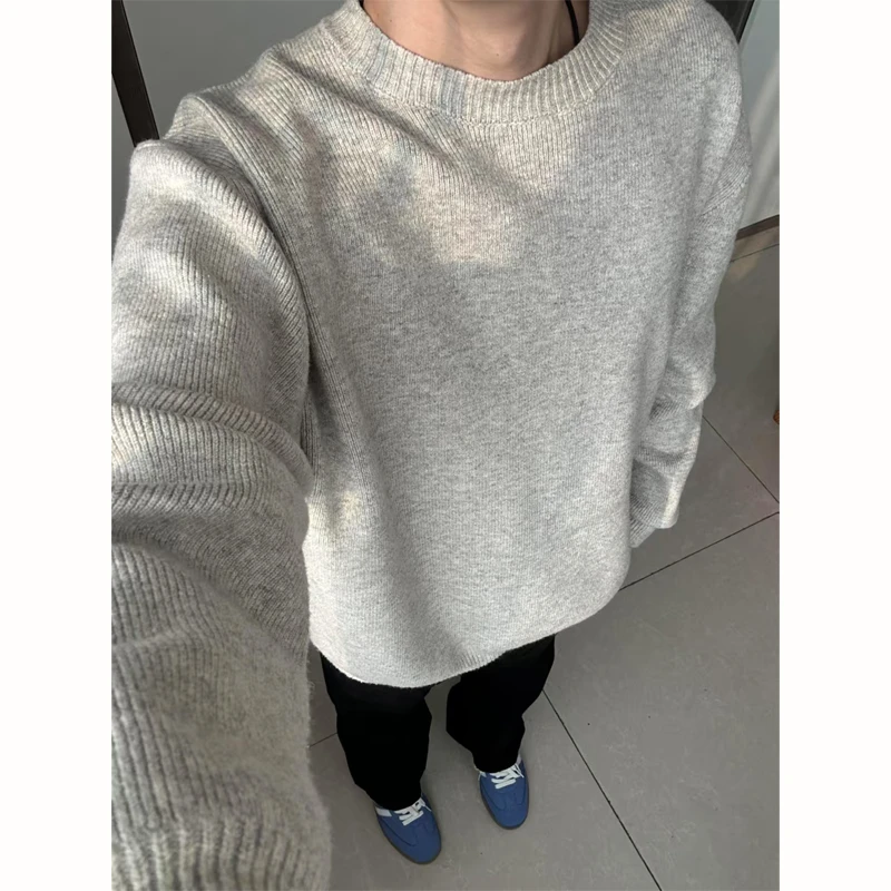 vintage浅灰色毛衣男秋冬高级感内搭打底衫美式慵懒风圆领针织衫