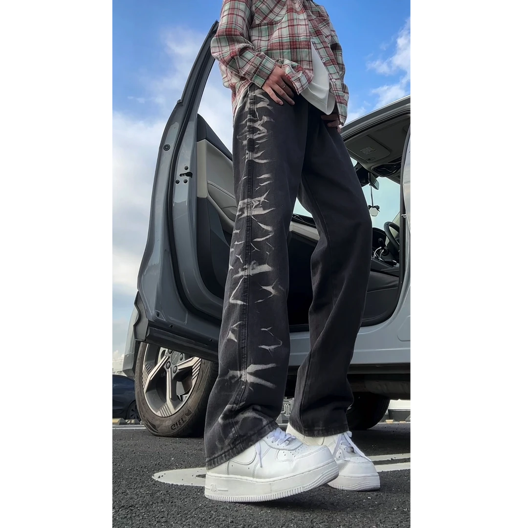 美式潮牌扎染水洗牛仔裤男款秋冬季高街复古直筒vibe裤子休闲长裤