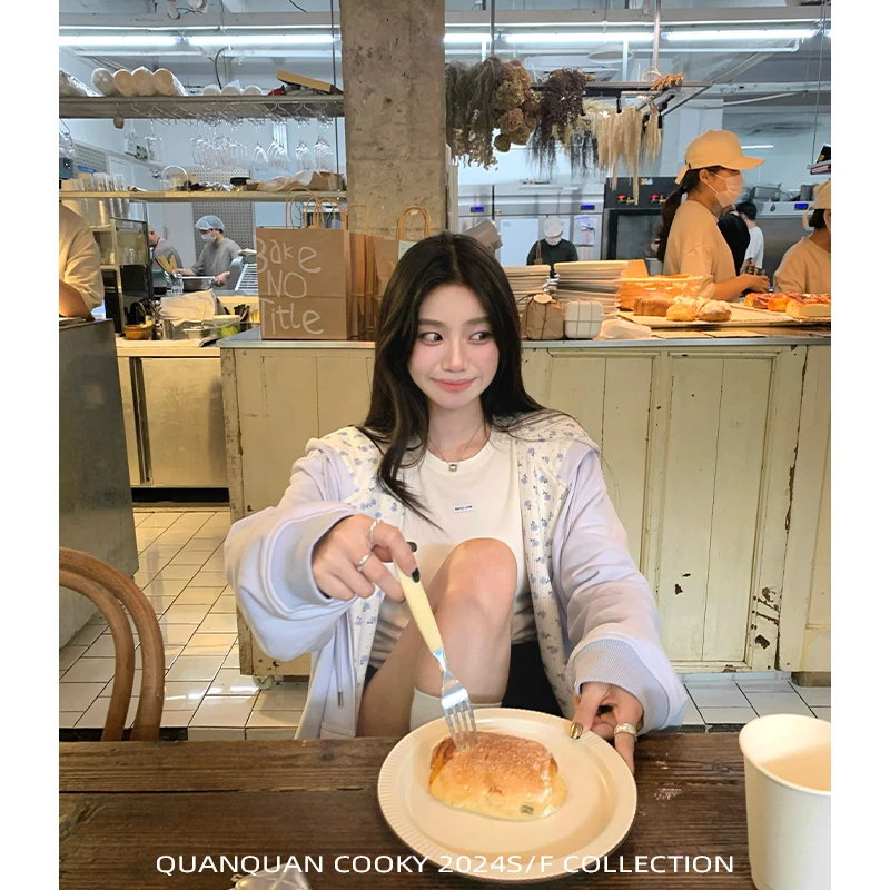 圈圈cooky 普吉岛约定 2024秋韩系甜美休闲拼接碎花连帽卫衣外套