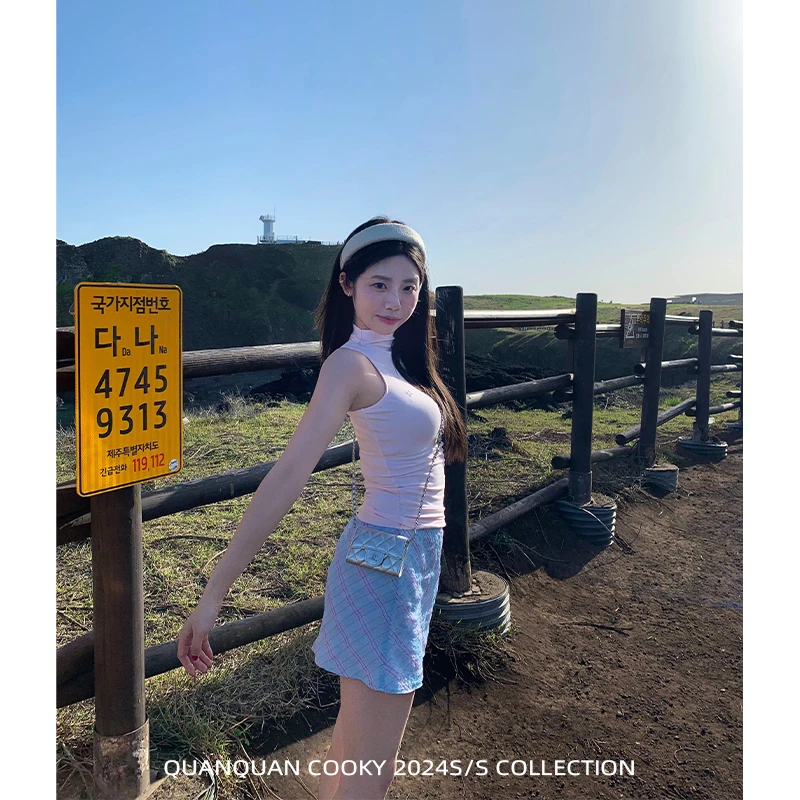 圈圈cooky 闲织春光 半高领内搭无袖背心蝴蝶结刺绣短款打底上衣