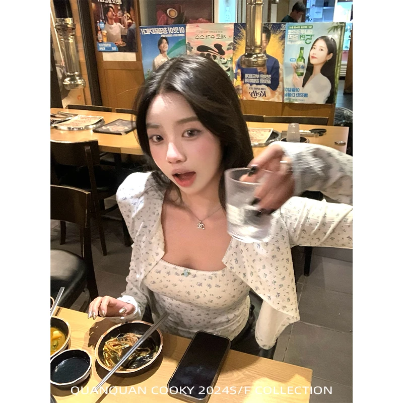圈圈cooky 珍妮丝花园 韩系甜美碎花吊带开衫慵懒气质上衣两件套