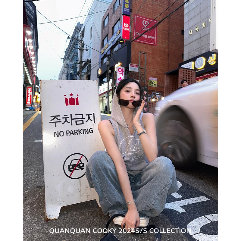 圈圈cooky 新沙洞街头 美式复古设计感坎肩上衣休闲运动连帽卫衣