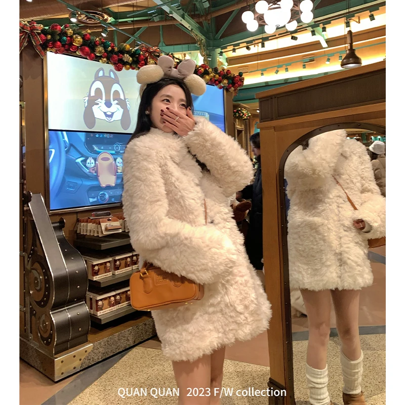圈圈cooky 布达佩斯冬雪 中长款皮毛一体冬季宽松环保毛毛外套女