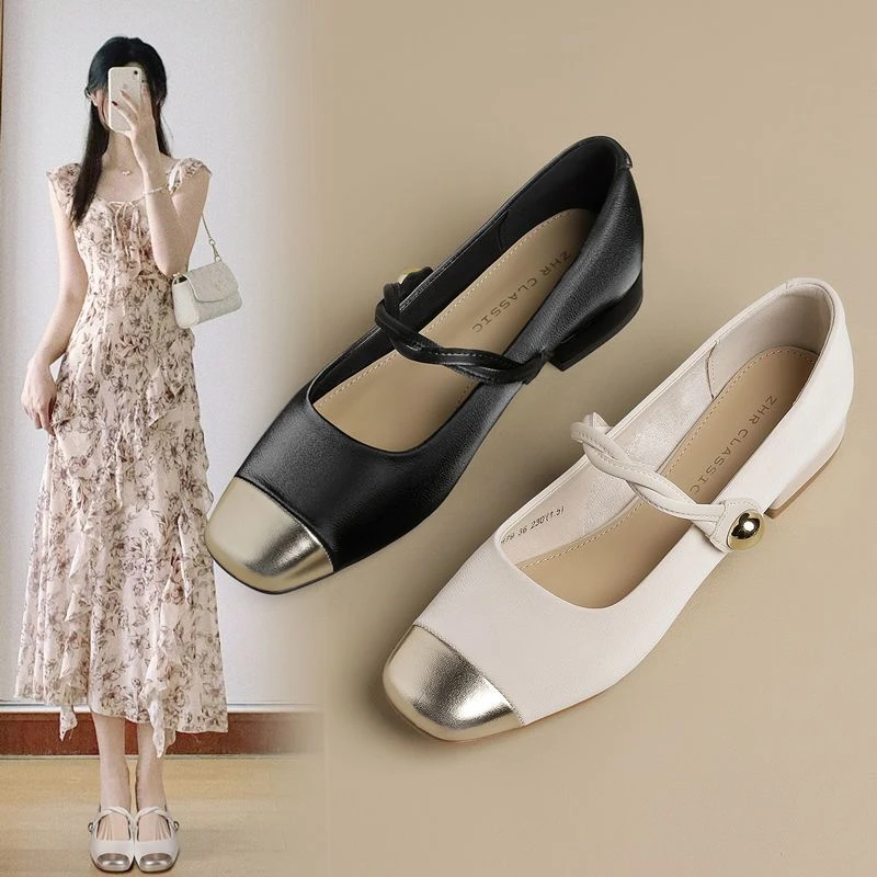 法式方头粗跟单鞋女2024新款百搭一字带玛丽珍鞋配裙子气质小皮鞋