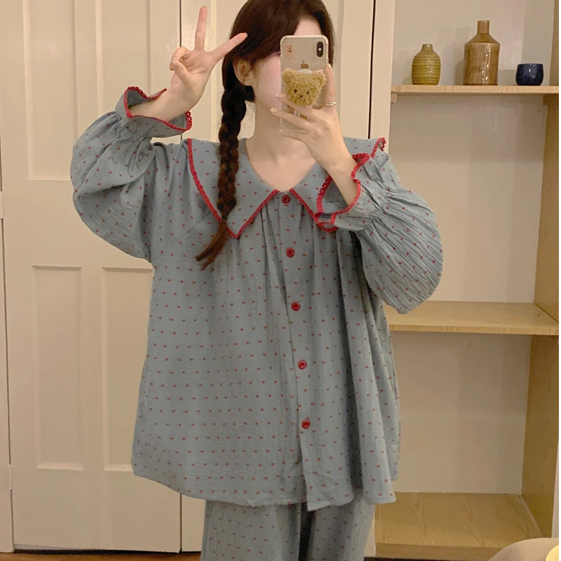 伊云浅黛纯棉套装大码睡衣家居服春秋季宽松韩版秋冬学生春夏