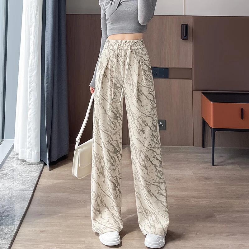 扎染印花休闲阔腿裤女春秋新款欧棉绒高腰宽松显瘦直筒拖地花裤子