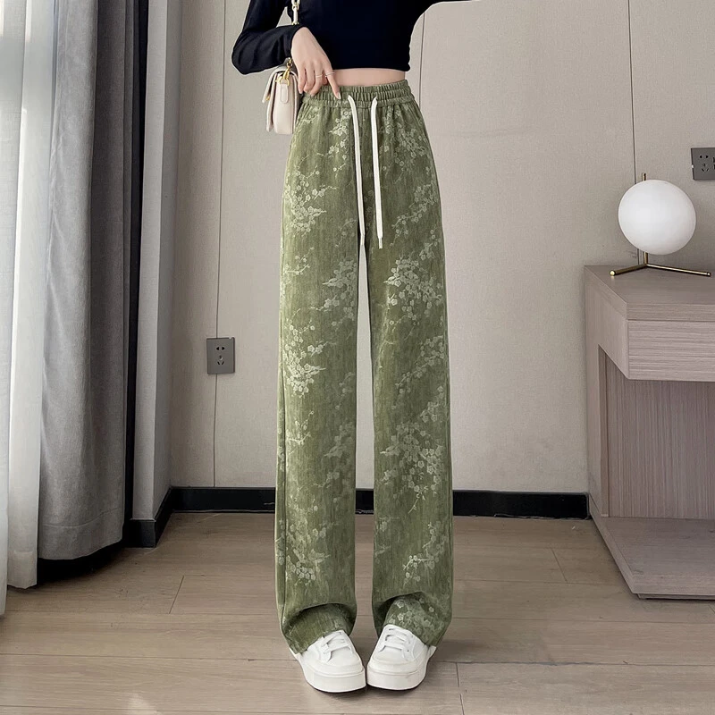 印花阔腿裤女早春2024新款爆款缎面垂感高级感新中式国风直筒裤子