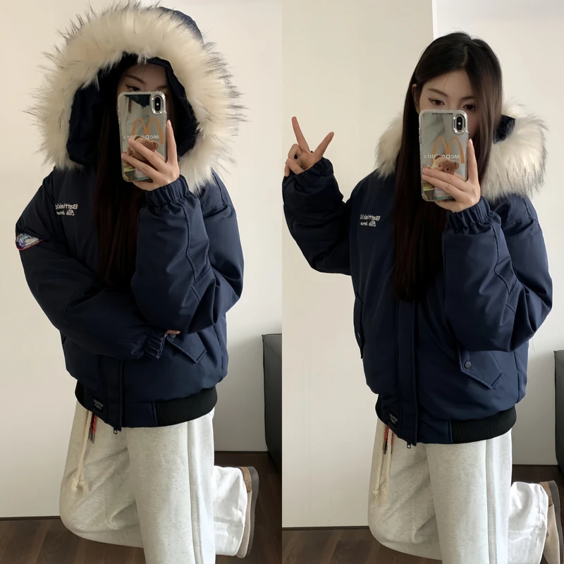 AMER 国潮原创冬季加厚派克服毛领棉服拉链连帽棉服