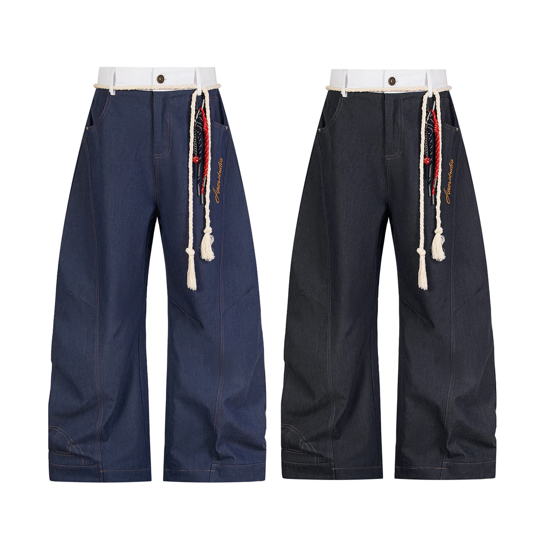 AMER国潮美式街头字母刺绣拼色抽绳弯刀牛仔裤情侣