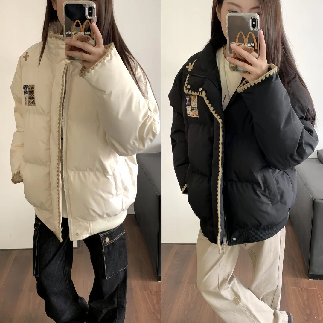 AMER 国潮复古名族风字母夹棉百搭休闲宽松棉服外套