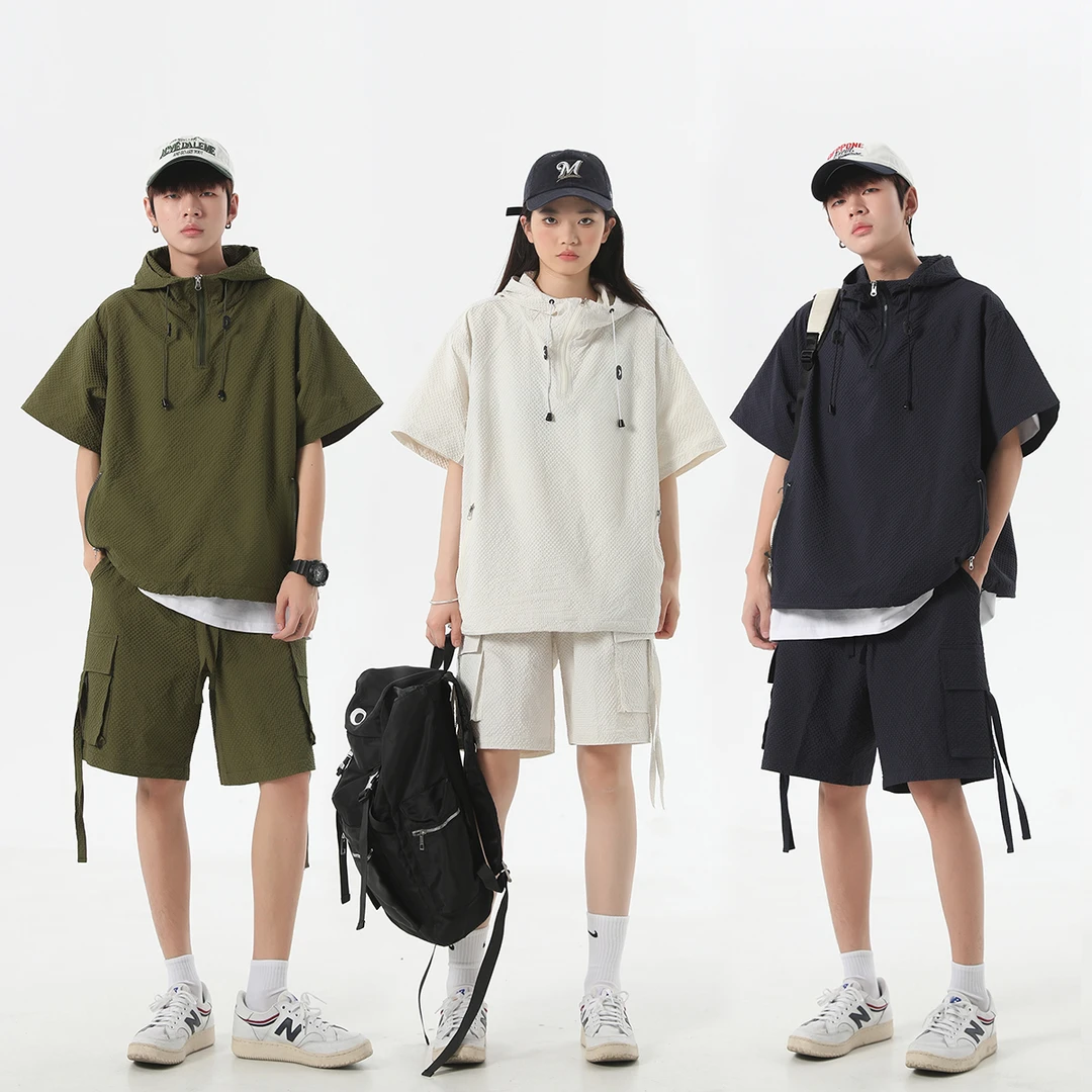 夏季短袖短裤套装美式休闲情侣复古百搭纯色连帽宽松男士运动套装