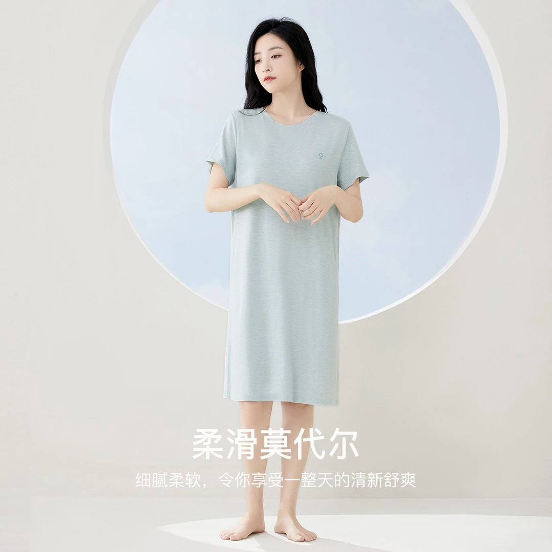 【莫代尔睡裙】红豆休闲居家薄款柔软爽滑甜美中长款睡裙JCJ011