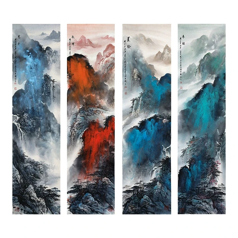 【墨华斋】李建文 136x34cmx4无框 多款四条屏国画手绘作品泼彩山水