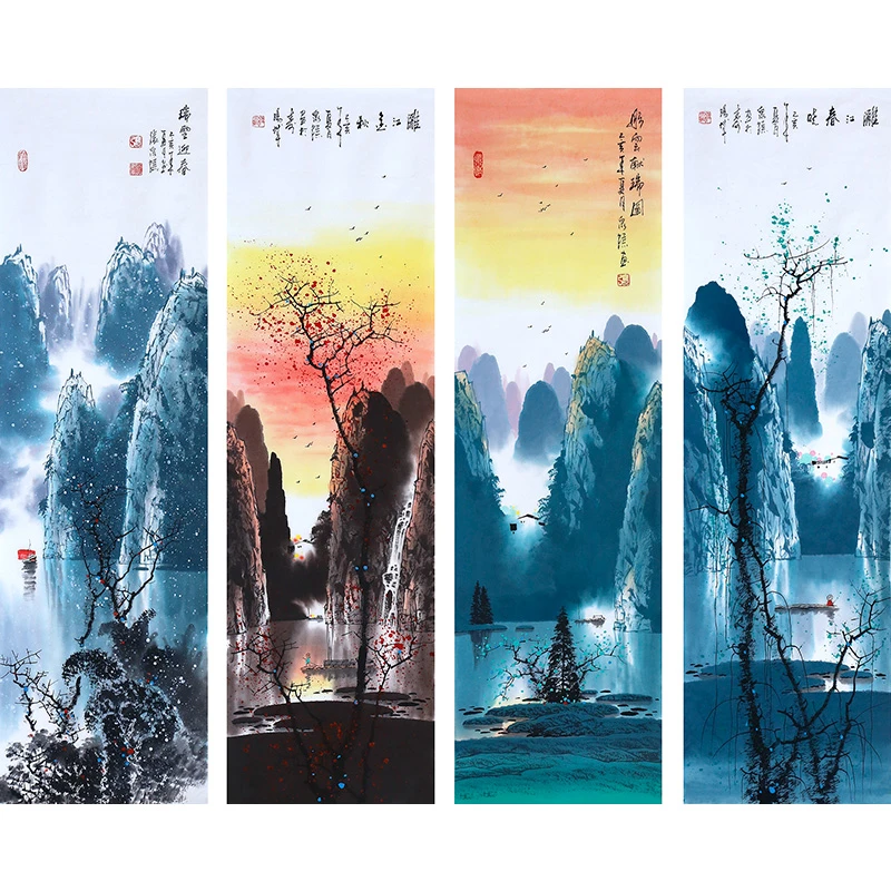 【墨华斋】张泉踪 136x34cmx4无框 多款四条屏彩墨漓江国画山水作品