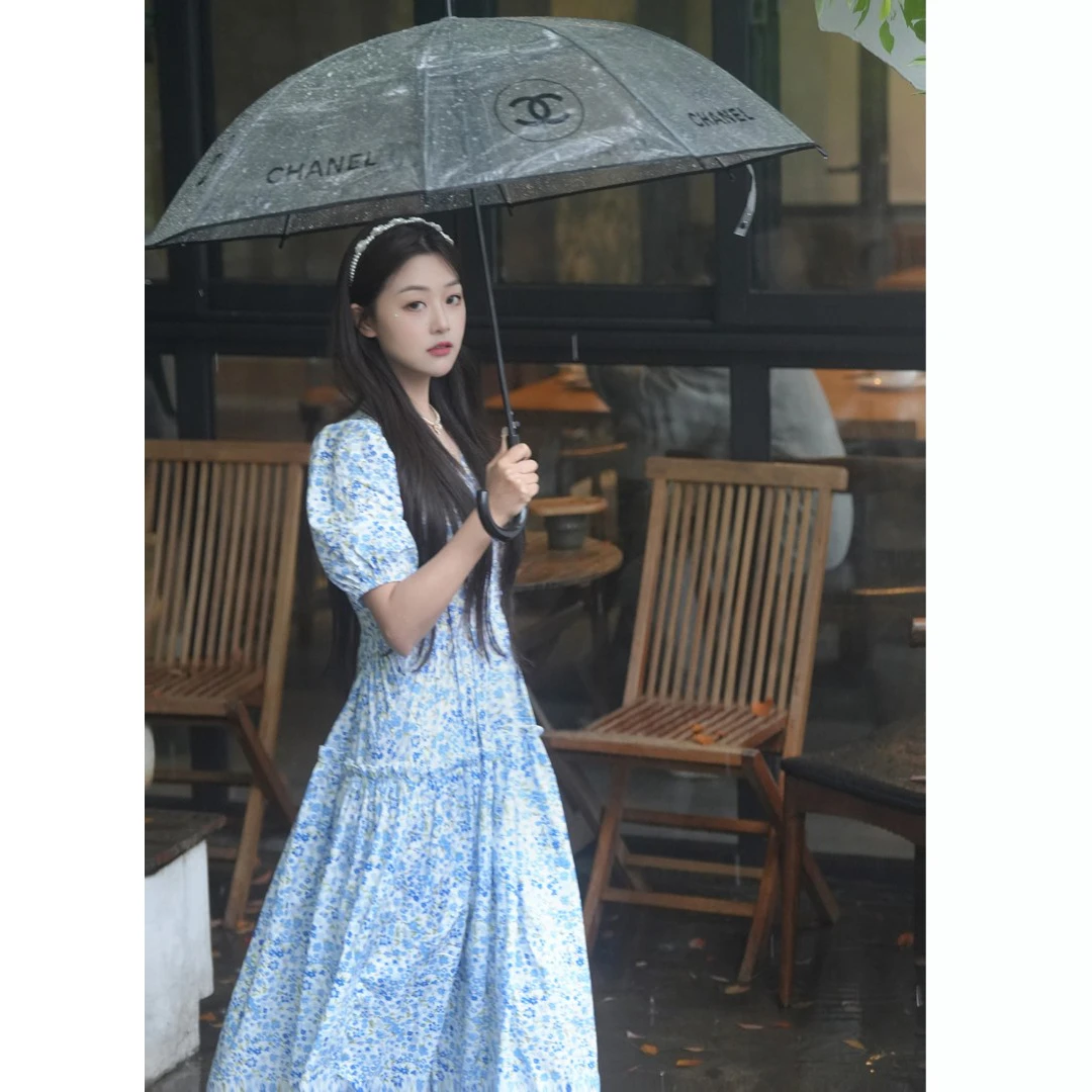 【海盐少女】蓝色碎花连衣裙女夏新款气质显瘦V领连衣裙