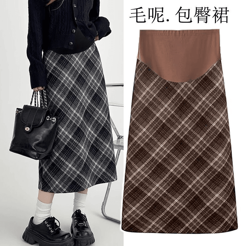 【春夏季三季可穿】星空呢孕妇格子半身裙显瘦毛呢开叉A字裙中长款